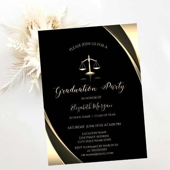 Elegant Gold Justice Scale Border Black Graduation Invitation (Creator Uploaded)