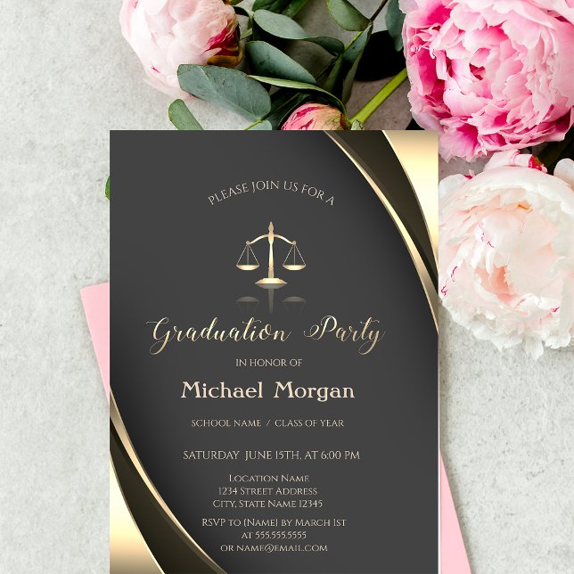 Elegant Gold Justice Scale Border Grey Graduation Invitation (Creator Uploaded)