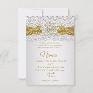 Elegant Gold Lace and Pearl Wedding Invitations