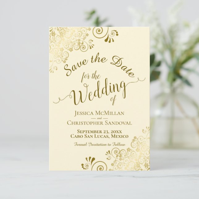 Elegant Gold Lace Filigree on Ivory Cream Wedding Save The Date (Standing Front)