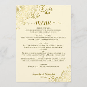 Elegant Gold Lace Frills on Ivory Cream Wedding Menu