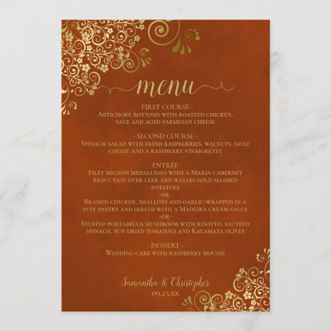 Elegant Gold Lace Frills on Rust Orange Wedding Menu (Front)