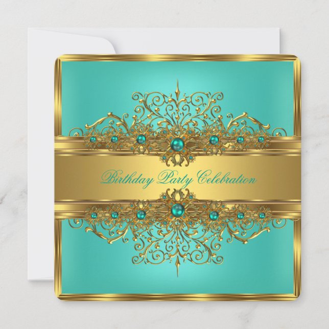 Elegant Gold Lace Jade Green Teal Pearls Party Invitation (Front)