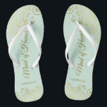 Elegant Gold Lace Maid of Honour Mint Green Weddin Jandals<br><div class="desc">These beautiful wedding flip flops are a great way to thank and recognise your Maid of Honour while saving her feet at the same time. Features an elegant design with golden lace frills on a pale neo mint green coloured background and fancy gold coloured script lettering. The test reads Maid...</div>