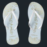 Elegant Gold Lace Maid of Honour Pale Blue Wedding Jandals<br><div class="desc">These beautiful wedding flip flops are a great way to thank and recognise your Maid of Honour while saving her feet at the same time. Features an elegant design with golden lace frills on a pale powder blue background and fancy gold coloured script lettering. The test reads Maid of Honour...</div>