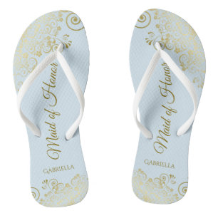 Elegant Gold Lace Maid of Honour Pale Blue Wedding Jandals