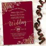 Elegant Gold Lace on Burgundy Maroon Wedding<br><div class="desc">This beautiful wedding invitation features real foil printing on a burgundy,  maroon,  or wine-red coloured background. The beautiful design has lacy script calligraphy with floral lace filigree in the corners. Stylish,  elegant,  sophisticated,  and chic,  this invitation is fancy and glam.</div>