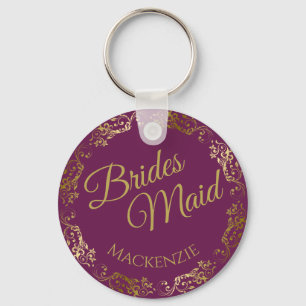 Elegant Gold Lace on Cassis Bridesmaid Wedding Key Ring
