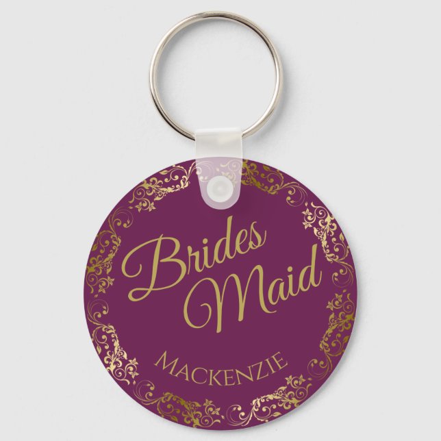 Elegant Gold Lace on Cassis Bridesmaid Wedding Key Ring (Front)