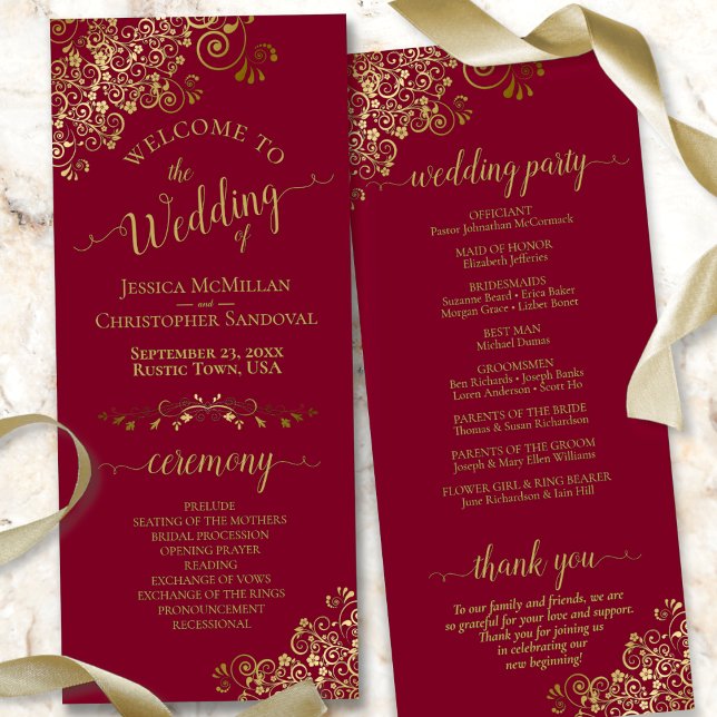 Elegant Gold Lace on Maroon Burgundy Wedding Programme (Front/Back)