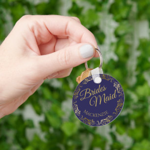 Elegant Gold Lace on Navy Blue Bridesmaid Wedding Key Ring
