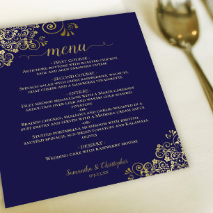 Elegant Gold Lace on Navy Blue Budget Wedding Menu