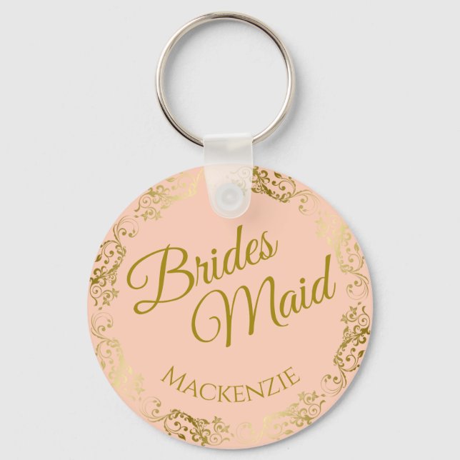 Elegant Gold Lace on Peach Bridesmaid Wedding Key Ring (Front)