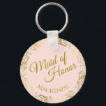 Elegant Gold Lace on Pink Maid of Honour Wedding Key Ring<br><div class="desc">This beautiful key chain is designed as a wedding gift or favour for the Maid of Honour. It features an elegant blush pink coloured design with a gold faux foil flourish border and the text "Maid of Honour" as well as a place to enter her name, the couple's name, and...</div>