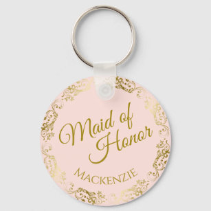 Elegant Gold Lace on Pink Maid of Honour Wedding Key Ring
