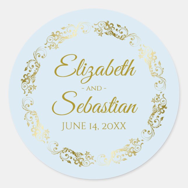 Elegant Gold Lace on Powder Blue Wedding Favour Classic Round Sticker (Front)