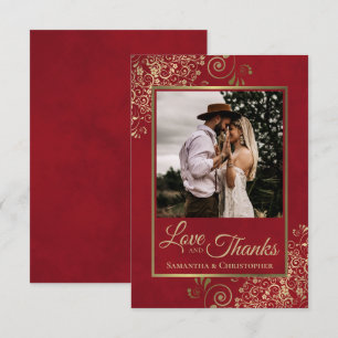 Elegant Gold Lace on Red Love & Thanks Wedding Thank You Card
