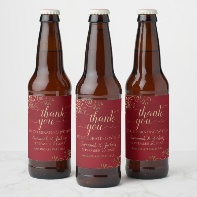 Elegant Gold Lace on Red Wedding Thank You Beer Bottle Label (Bottles)
