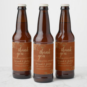 Elegant Gold Lace on Rust Orange Wedding Thank You Beer Bottle Label