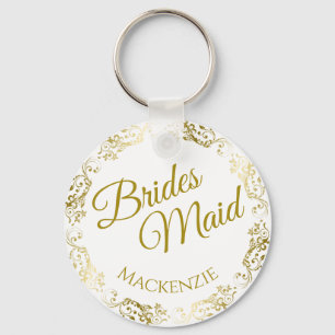 Elegant Gold Lace on White Bridesmaid Wedding Key Ring