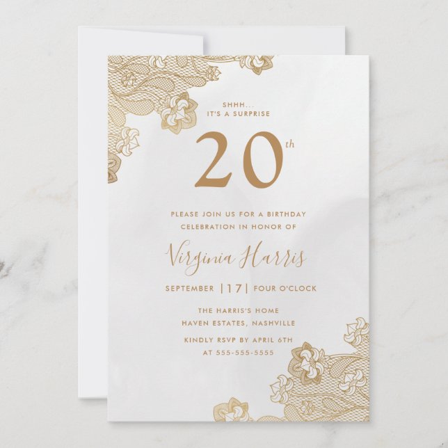 Elegant Gold Lace Ornate Twenty 20th Birthday Invitation (Front)