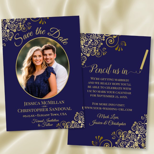 Elegant Gold Lace & Oval Photo Navy Blue Wedding Save The Date (Front/Back)