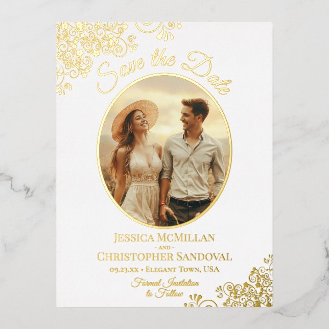 Elegant Gold Lace & Photo White Save the Date Foil Invitation Postcard (Front)