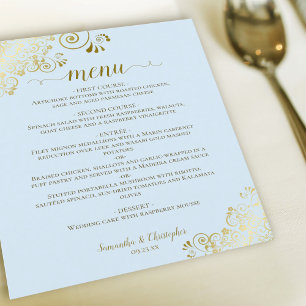 Elegant Gold Lace Powder Blue Budget Wedding Menu