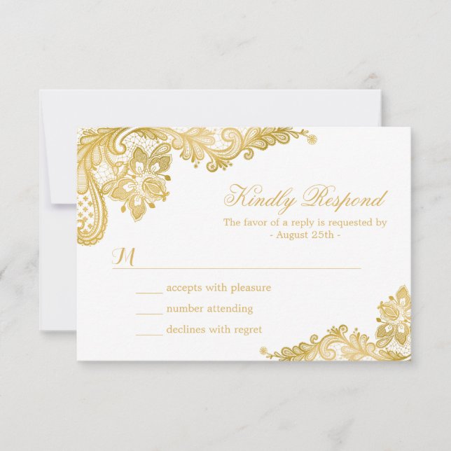 Elegant Gold Lace Wedding RSVP Card (Front)