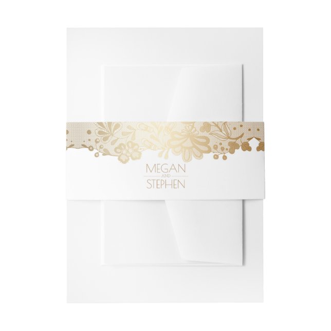Elegant Gold Lace White Wedding Invitation Belly Band (Front Example)