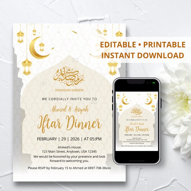 Elegant Gold Lantern and Crescent Moon Iftar Invitation (Creator Uploaded)