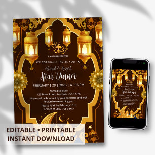 Elegant Gold Lantern & Crescent Moon Ramadan Iftar Invitation