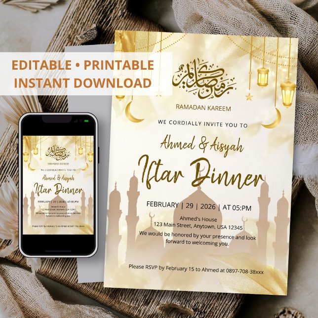 Elegant Gold Lantern Mosque Ramadan Iftar Dinner Invitation (Creator Uploaded)