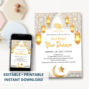 Elegant Gold Lantern & White Geometric Arch Iftar Invitation