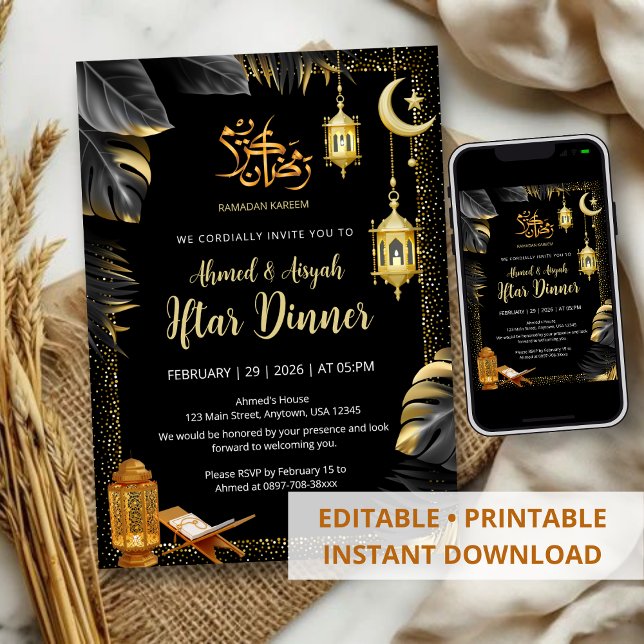 Elegant Gold Lanterns and Monstera Ramadan Iftar Invitation (Creator Uploaded)
