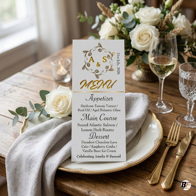 Elegant Gold Laurel Wreath A & S Monogram Wedding Menu (Creator Uploaded)