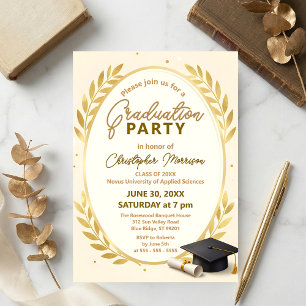 Elegant Gold Laurel Wreath & Cap Graduation Party Invitation
