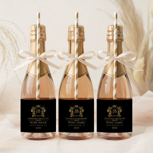 Elegant Gold Laurel Wreath Crown On Black Sparkling Wine Label