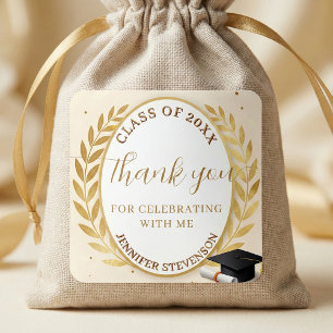 Elegant Gold Laurel Wreath Graduation Thank You Square Sticker