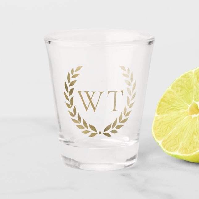 Elegant Gold Laurel Wreath Monogram Initials Shot Glass (Front)