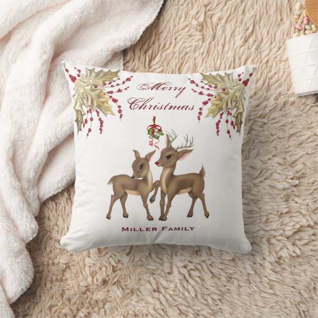 Elegant Gold Leaf and Red Berries Deer Christmas  Cushion (Blanket)