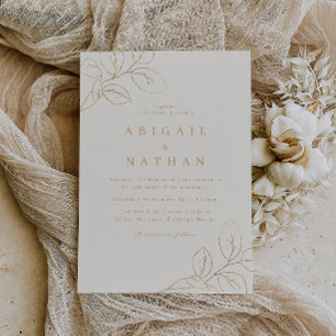 Elegant Gold Leaf & Beige Modern Wedding Invitation