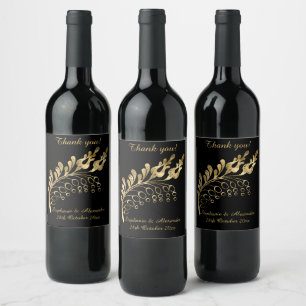 ELEGANT GOLD LEAF BLACK CUSTOMIZABLE WINE LABEL