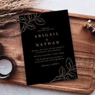 Elegant Gold Leaf & Black Modern Wedding Invitation