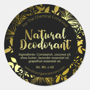 Elegant Gold Leaf Branches on Black Deodorant Classic Round Sticker