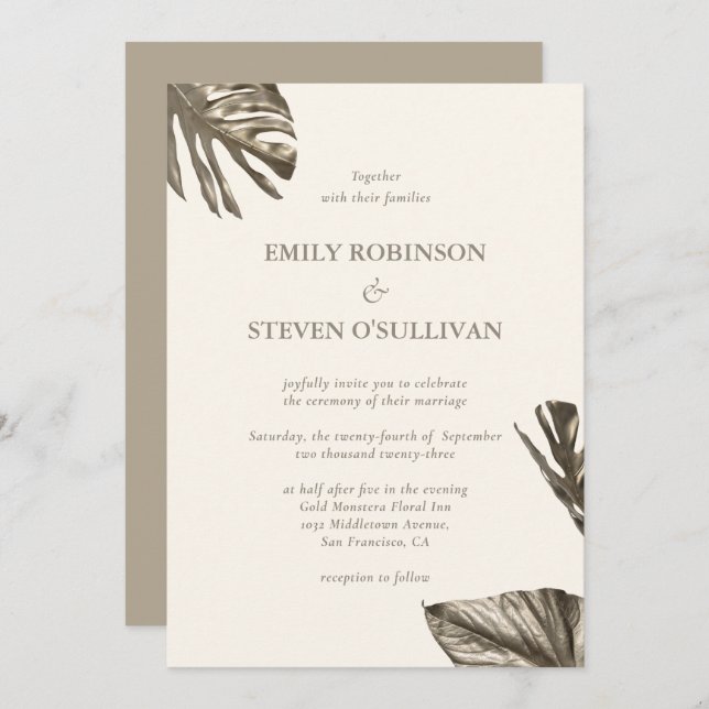 Elegant Gold Leaf Champagne Ivory Wedding Invitation (Front/Back)