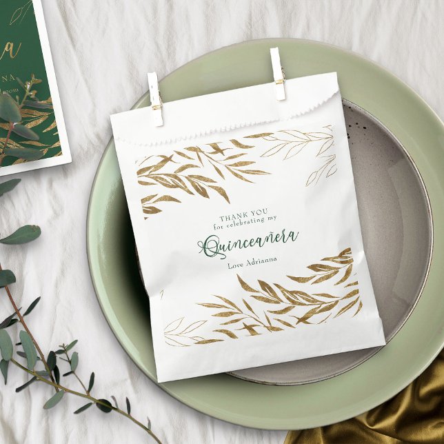 Elegant Gold Leaf Emerald Green Quinceanera Favour Bags (Emerald Green Quinceanera favor bags from my Gold Leaf Quinceanera Collection)