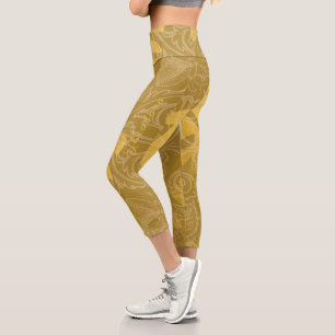 Elegant Gold Leaf Ochre Classic Pattern Capri Leggings
