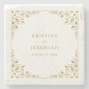 Elegant Gold Leaf Personalised Wedding Stone Coaster