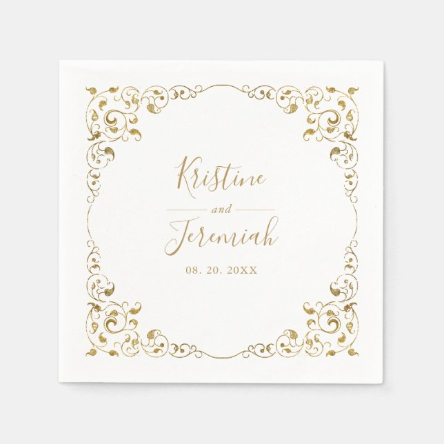 Elegant Gold Leaf Script Name Wedding Napkin (Front)